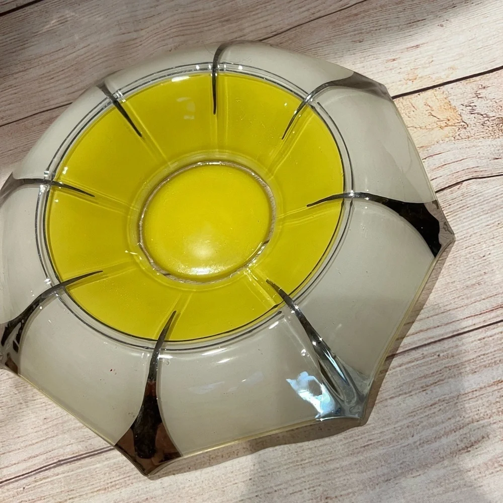 Art Deco Fired On Yellow, White and Silver Large Serving Bowl Decorative Vintage